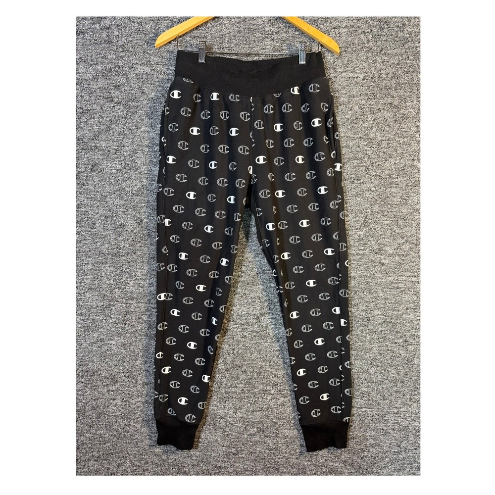 Champion Mens All Over Logo Print Joggers Black White Tapered Sweatpants Small